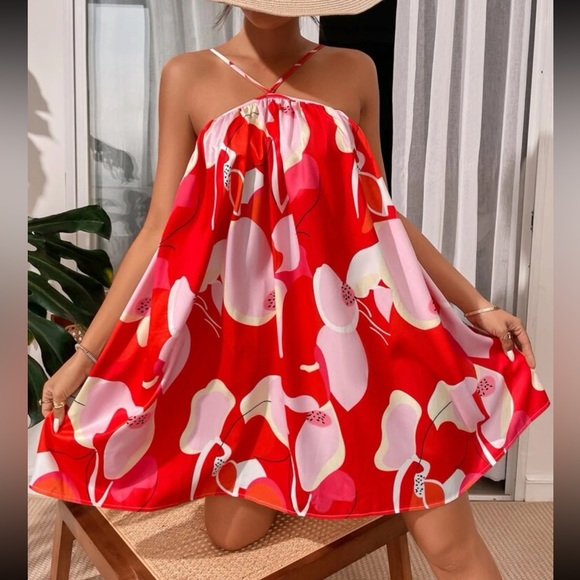 Boho Abstract Print Halter Dress Hot Pink - Picture 11 of 16